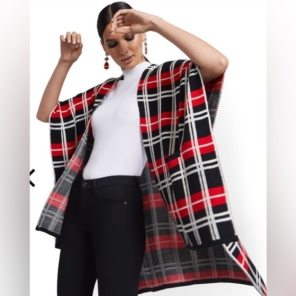 NY&Co Plaid Open Front Poncho Cardigan w Front Pockets Black/Red/White Size M - Picture 3 of 15